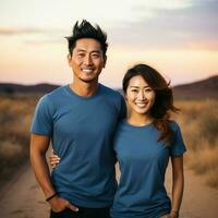 Illustration of a couple fashion portrait with plain t-shirt mockup, AI Generated photo