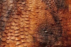 Abstract textured brown crocodile skin background. Close-up view, Generative AI illustration. photo