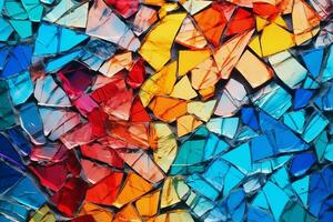 A close-up of colorful pieces of broken glass, mosaic texture. Generative AI illustration. photo