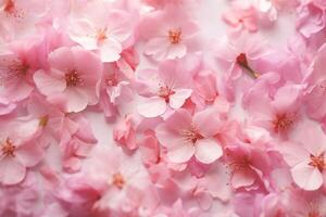 Beautiful cherry blossom petals on light background, pink flowers texture. Generative AI illustration. photo