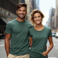 Illustration of a couple fashion portrait with plain t-shirt mockup, AI Generated photo