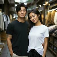 Illustration of a couple fashion portrait with plain t-shirt mockup, AI Generated photo