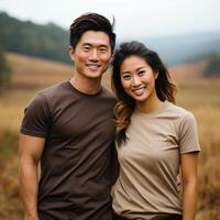 Illustration of a couple fashion portrait with plain t-shirt mockup, AI Generated photo