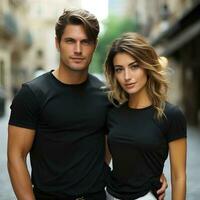 Illustration of a couple fashion portrait with plain t-shirt mockup, AI Generated photo