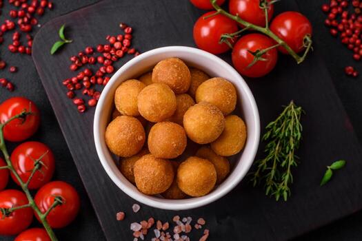 delicioso frito patata pelotas con empanizado queso Mozzarella, sal, especias y hierbas foto