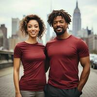 Illustration of a couple fashion portrait with plain t-shirt mockup, AI Generated photo