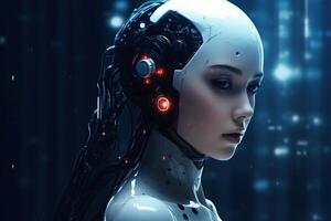 ilustración de un cyborg mujer y ai tecnología antecedentes , ai generado foto