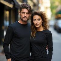 Illustration of a couple fashion portrait with plain t-shirt mockup, AI Generated photo