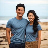 Illustration of a couple fashion portrait with plain t-shirt mockup, AI Generated photo