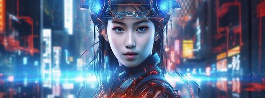 Illustration of a cyborg woman and Ai technology background , AI Generated photo