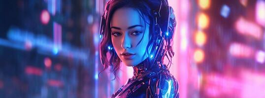 Illustration of a cyborg woman and Ai technology background , photo