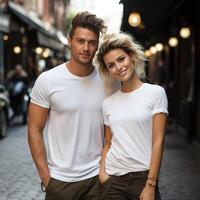 Illustration of a couple fashion portrait with plain t-shirt mockup, AI Generated photo