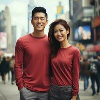 Illustration of a couple fashion portrait with plain t-shirt mockup, AI Generated photo