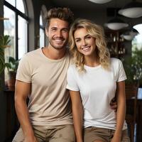 Illustration of a couple fashion portrait with plain t-shirt mockup, AI Generated photo