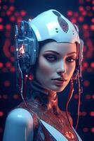 Illustration of a cyborg woman and Ai technology background , AI Generated photo