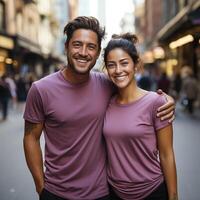 Illustration of a couple fashion portrait with plain t-shirt mockup, AI Generated photo