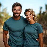 Illustration of a couple fashion portrait with plain t-shirt mockup, AI Generated photo