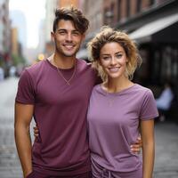 Illustration of a couple fashion portrait with plain t-shirt mockup, AI Generated photo