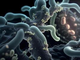 The concept, simulated 3D illustration of microscopic e-Coli cells of the wastewater sample by microscope. Illustration for medical, science, biology, biochemistry, scientific research. . photo