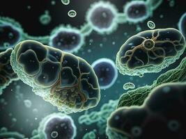 el concepto, simulado 3d ilustración de microscópico bacterias células en aguas residuales. ilustración para médico, ciencia, biología, bioquímica, y científico investigación. generativo ai. foto