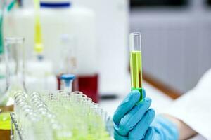 Closeup, hand of scientist show a sample solution from the extracted plant in test tube during biotechnological research in the laboratory for pharmaceutical and cosmetic product development. photo