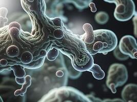 The concept, simulated 3D illustration of microscopic e-Coli cells of the wastewater sample by microscope. Illustration for medical, science, biology, biochemistry, scientific research. . photo