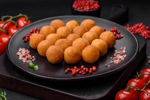 delicioso frito patata pelotas con empanizado queso Mozzarella, sal, especias y hierbas foto