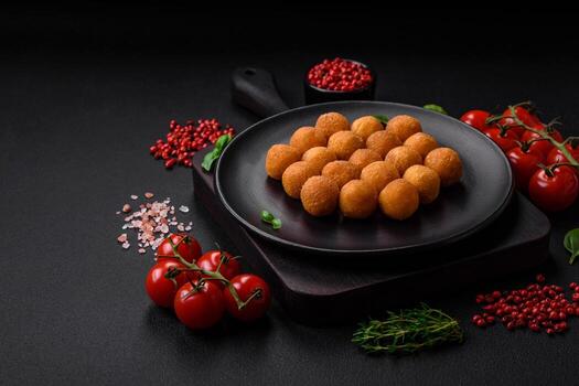 delicioso frito patata pelotas con empanizado queso Mozzarella, sal, especias y hierbas foto