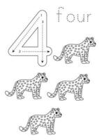 Flashcard number 4. Preschool worksheet. Cute cartoon leopards. vector