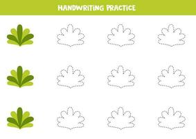 Tracing lines for kids. Cute cartoon green bush. Writing practice. vector