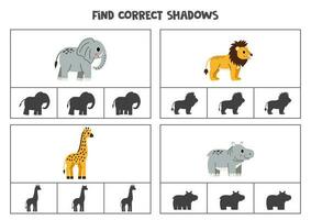 Find correct shadow of cute African animals. Printable clip card games for children. vector