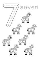 Flashcard number 7. Preschool worksheet. Cute cartoon zebras. vector