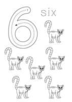 Flashcard number 6. Preschool worksheet. Cute cartoon lemurs. vector