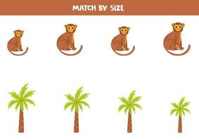 Matching game for preschool kids. Match cute monkeys and palm trees by size. vector