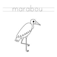 Trace the letters and color cartoon marabou bird. Handwriting practice for kids. vector