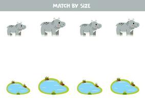 Matching game for preschool kids. Match cute hippopotamuses and water ponds by size. vector