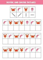 Decode and encode pictures. Write the symbols under cute sea animals. vector