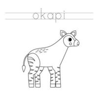 Trace the letters and color cartoon okapi. Handwriting practice for kids. vector