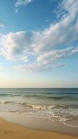 azul cielo y blanco nubes terminado el mar costa. amarillo arena, azul turquesa mar, soleado día. el concepto de un pacífico verano vacaciones. vertical imagen, ai generado foto