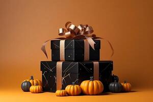 Halloween two black present boxes with spider web pattern, bronze ribbon and a bow, on orange background with copy space. Little orange and black pumpkins around. Autumn shopping sales. . photo
