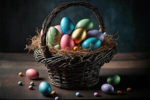 Colorful and golden Easter eggs in wicker basket on wooden table in dark room background. Greeting card for Easter holidays. AI Generated photo