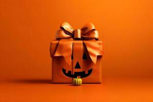 Halloween one orange present box like pumpkin with jack o lantern face, on orange background with place for text. And small yellow pumpkin. Holiday autumn shopping, promotions and sales. AI generated photo