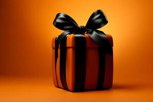 Halloween one orange present box with black ribbon and a bow, on orange background with place for text. Holiday autumn shopping, promotions and sales. Thanksgiving Day gift. AI generated photo