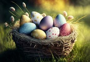Colorful painted Easter eggs in wicker basket outdoor on green grass background. Greeting card for Easter holidays. AI Generated photo