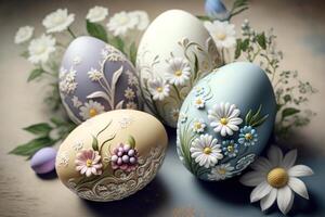 Pascua de Resurrección huevos en pastel colores con flores decoración en a ellos. flores alrededor en ligero gris antecedentes. saludo tarjeta para Pascua de Resurrección vacaciones. ai generado foto