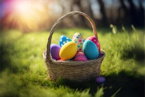 Colorful painted Easter eggs in wicker basket outdoor in sun light on green grass. Greeting card for Easter holidays. AI Generated photo