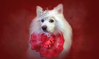 White fluffy king dog Japanese Spitz Simba in a crown and a red jabot on red background photo