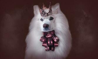 White fluffy king dog Japanese Spitz Simba in a crown and a brown jabot on burgundy-brown background royal style photo