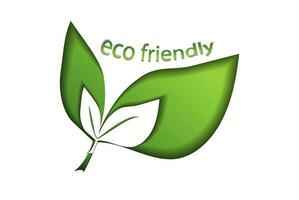 Eco friendly green logo on a white background with green leaves in paper cut style. The concept of green ecology, clean ecology, environmental friendliness of products, eco friendly vector