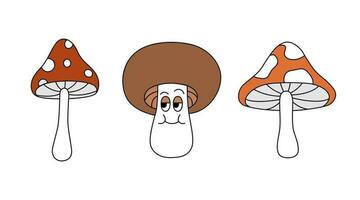 Retro 70s groovy mushrooms set. Amanita or fly organic and porcini with a satisfied face. Cartoon isolated vector illustration